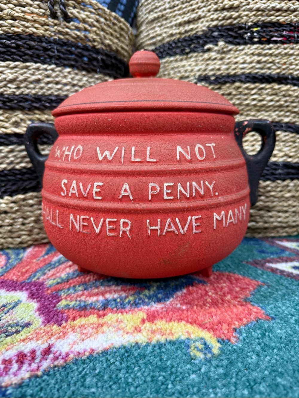 Vintage ceramic "Penny Pot" coin bank, manufactured around 50-60s with proverb